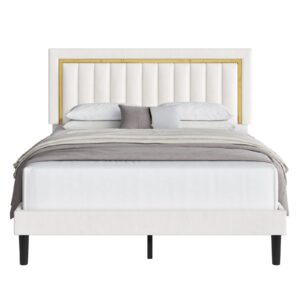 HITHOS Queen Size Bed Frame with Adjustable Tufted Headboard, Velvet Upholstered Platform Bed Frame with Gold Trim, Heavy Duty Mattress Foundation with Steel Frame, Easy-Assembly Slats (Beige, Queen)