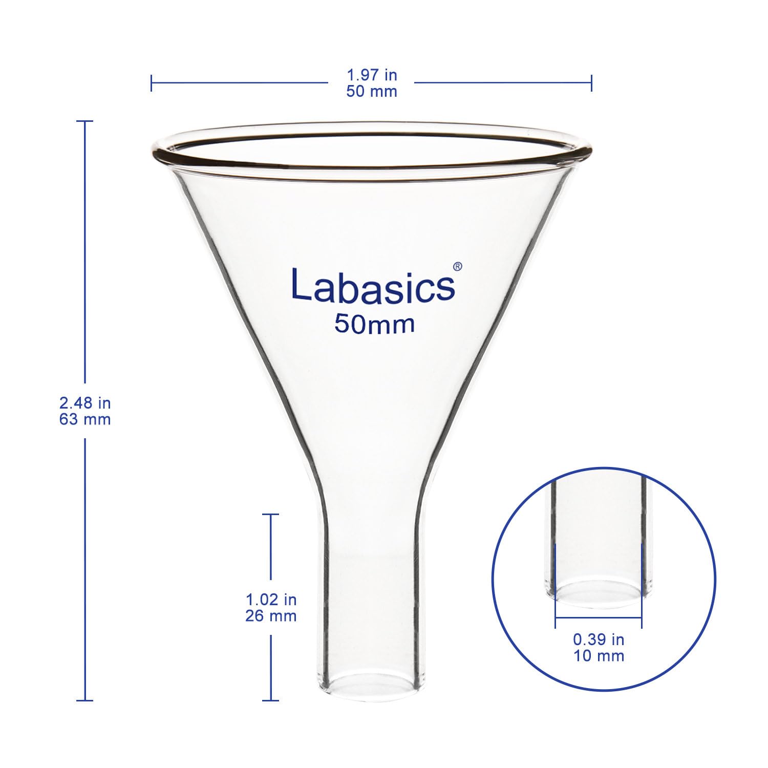 Labasics Glass Powder Funnel, Heavy Wall Borosilicate Glass Short Stem Funnel with 50 mm Top Height and 26 mm Stem Height