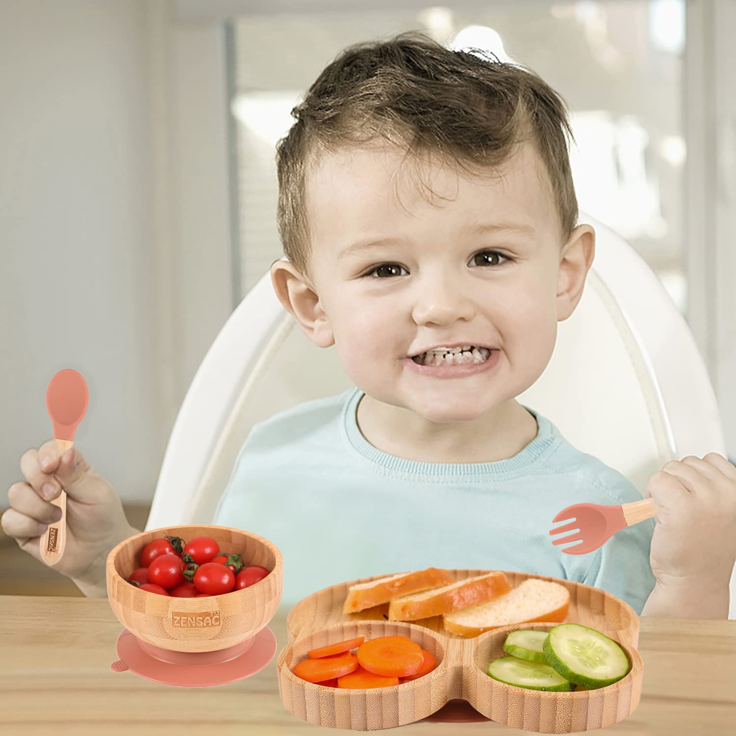 6PCS Bamboo Baby Feeding Set, Baby Suction Bowl & Plate with Silicone Spoons & Forks, Wooden Feeding Supplies for Infant & Toddlers, Baby Led Weaning Supplies Non Slip & BPA Free (Orange-Frog)