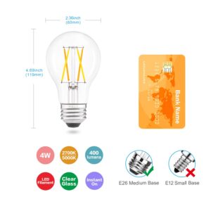 Remote Control Smart Edison A19 LED Light Bulbs- E26 Standard Base- Dimmable 4W(40W Equivalent)- Adjustable Color Temperature (2700K- 5000K)- No App or Wi-Fi Required- Remote Included- 4 Pack