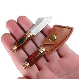 szhoworld new ultra small fixed blade knife, 1.6 inch 5cr stainless steel blade with brass+colored wood handle, mini knife with leather sheath and brass key ring for edc gift collection (style 1)