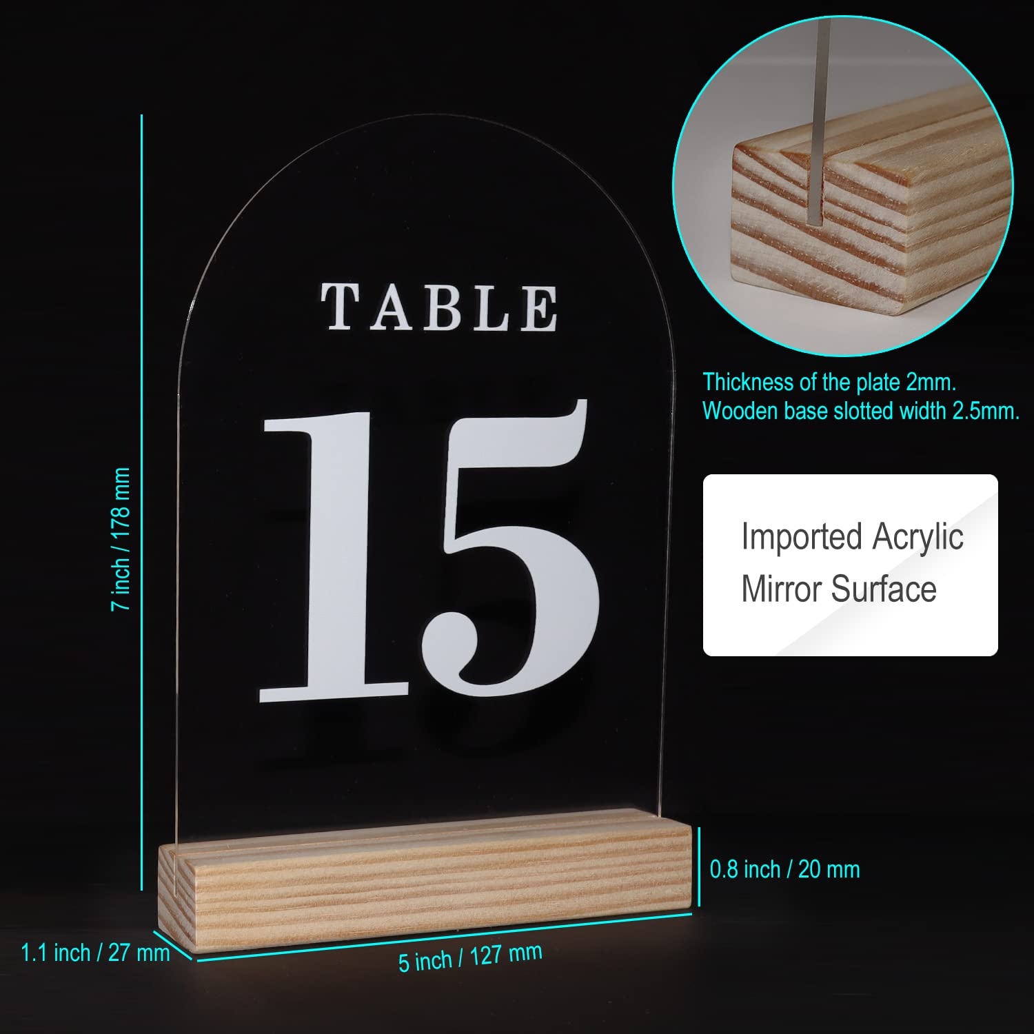 ORGANTEAM Clear Arch Wedding Table Numbers with Wooden Stands 1-15, 5x7" Acrylic Signs and Holders, Perfect for Centerpiece, Reception, Decoration, Party, Anniversary, Event (Clear, Number 1-15)