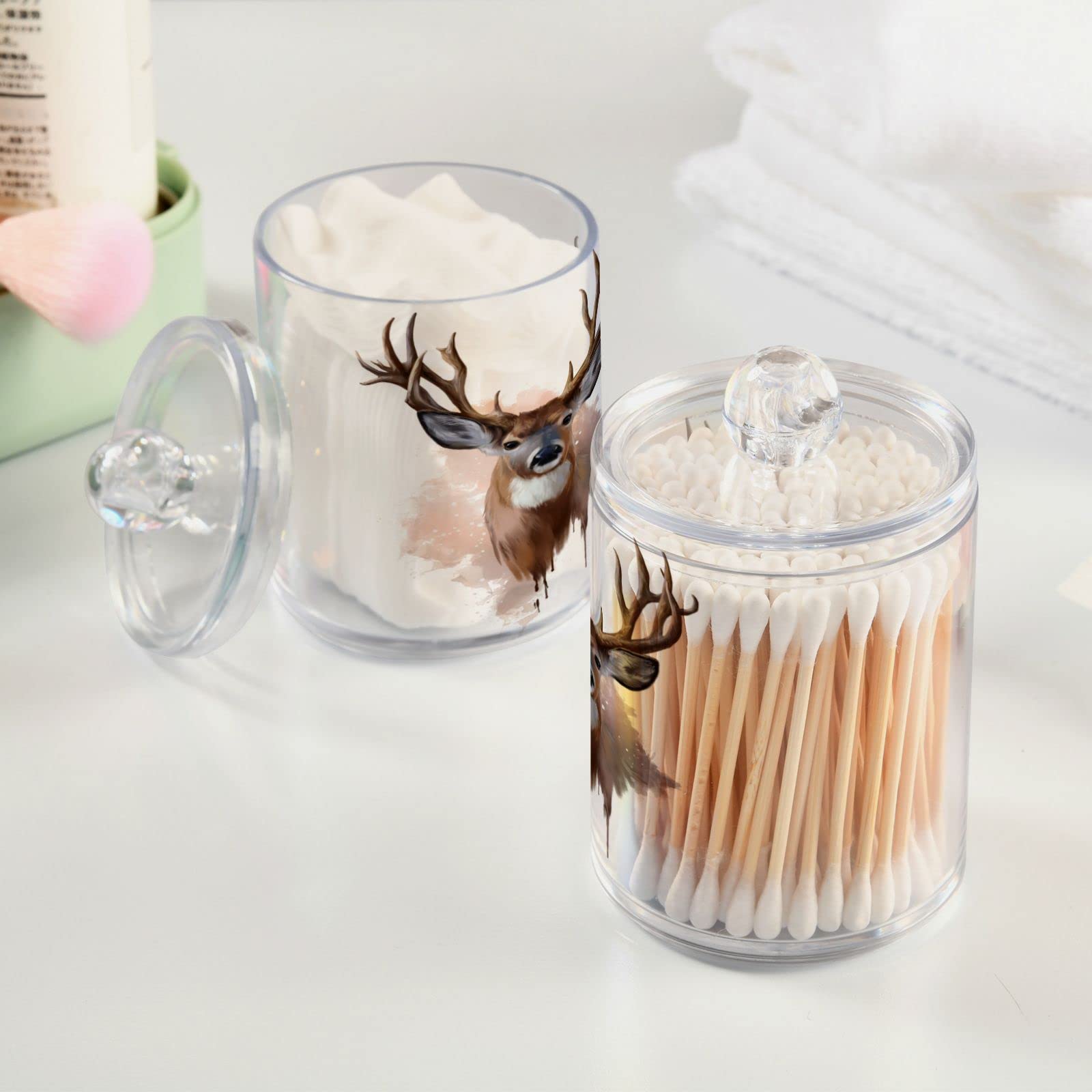 2 Pack Qtip Dispenser Apothecary Jars Bathroom Organizer, Deer Antlers Qtip Holder Storage Canister Plastic Acrylic Jar for Cotton Ball/Swab/Rounds