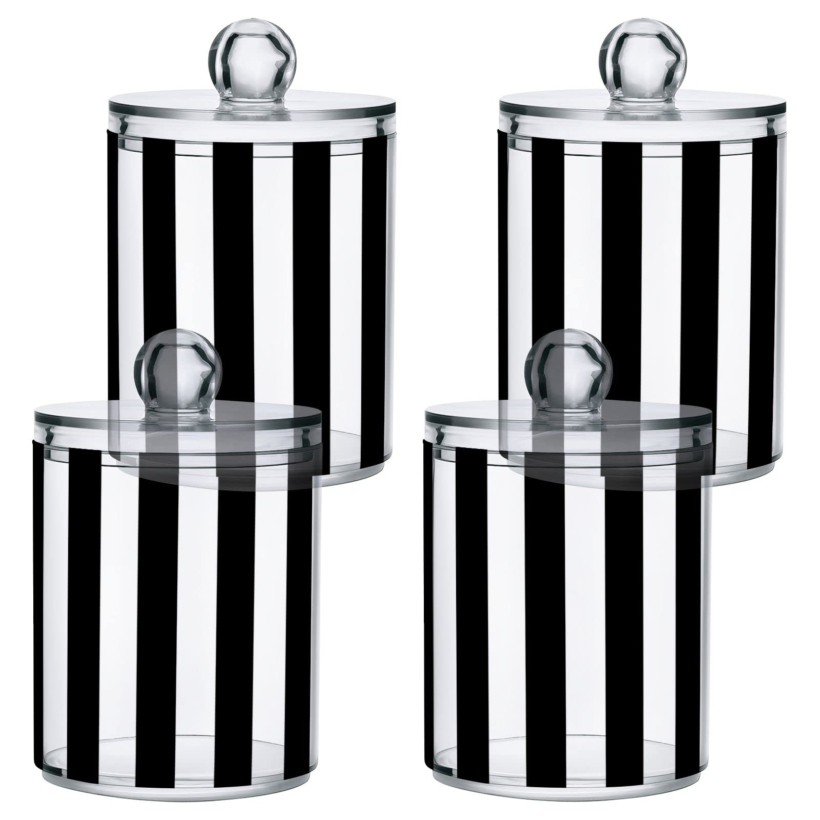 2 Pack Qtip Dispenser Apothecary Jars Bathroom Organizer, White and Black Striped Qtip Holder Storage Canister Plastic Acrylic Jar for Cotton Ball/Swab/Rounds