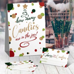 Guess How Many Candies are in the Jar Christmas Kit (1 Standing Sign + 50 Guessing Cards), Christmas Gold Red Green Baby Shower, Bridal Shower Decoration, Christmas Game Insert Ticket