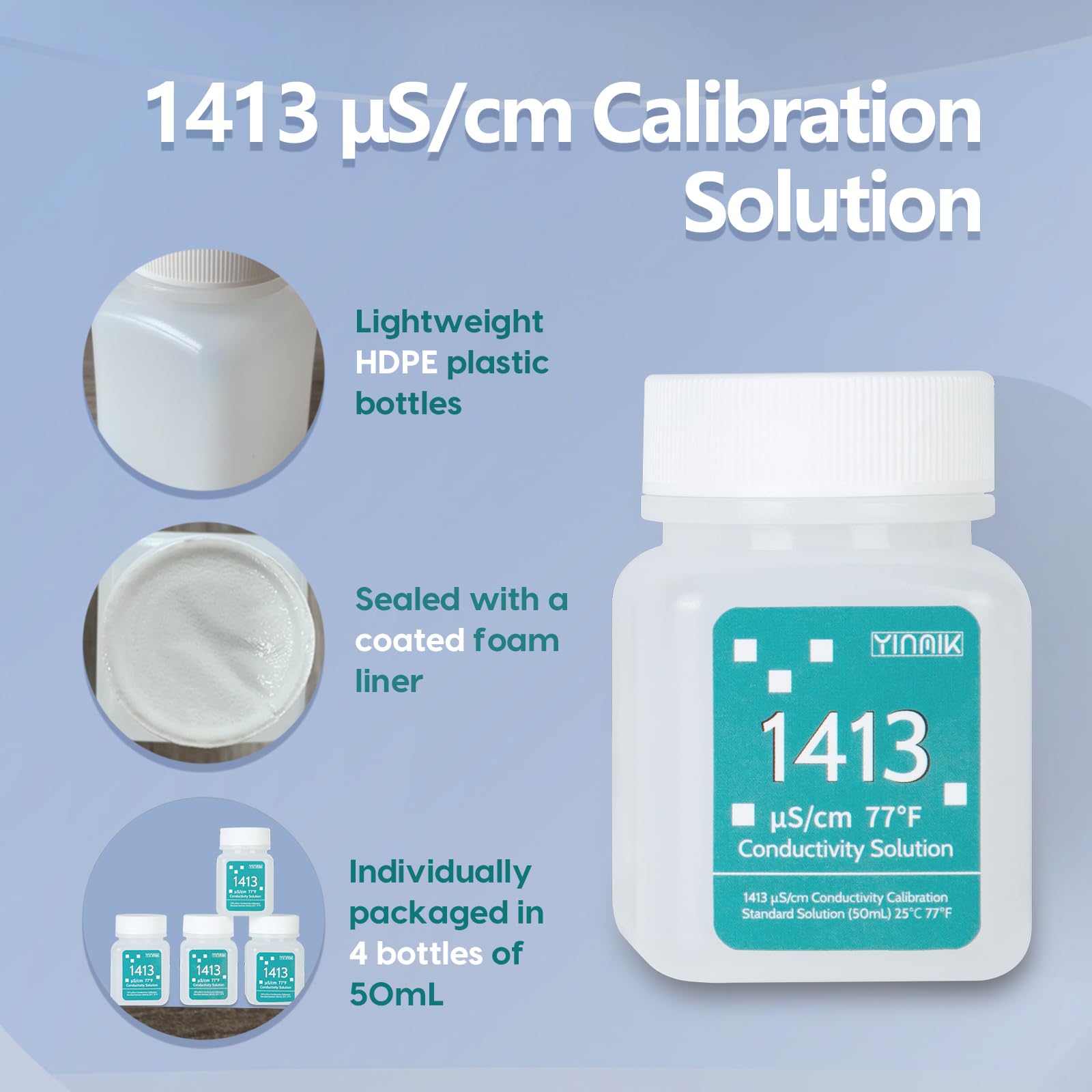 YINMIK 1413 μS/cm Calibration Solution, Conductivity Salt Standard Buffer Solution for 5 in 1 Salinity Tester, EC Meter, TDS Meter, 7 in 1 Multi-Parameter Tester Calibration, 4 Bottles of 50mL