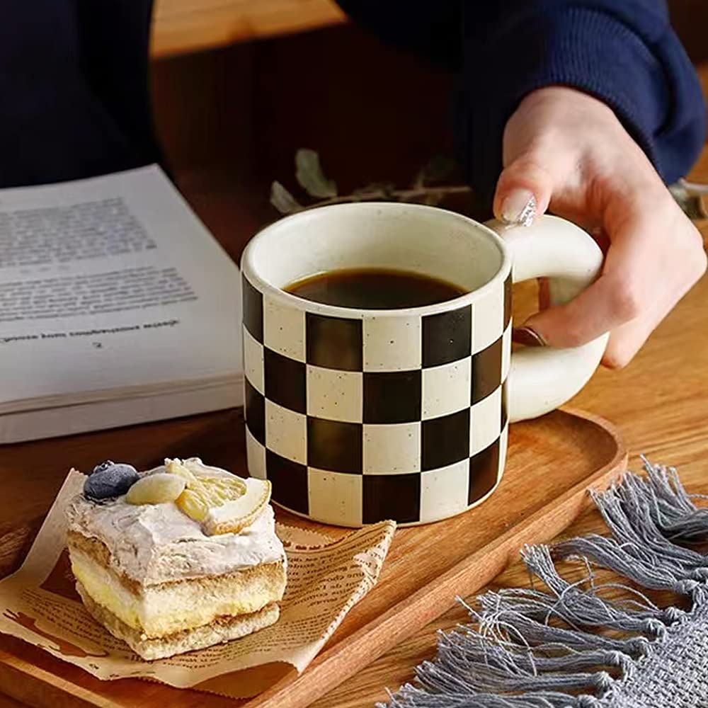 Ceramic Coffee Mug,Tea Cup with Porcelain Fat Round Handle,Dishwasher&Microwave Safe Mug to Decorate,12 oz, Modern,Simplicity Unique Style For Any Kitchen. (Checkerboard)