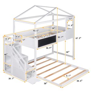 Bellemave House Bunk Beds with Stairs Twin Over Full Low Bunk Bed with Blackboard Wood Playhouse Floor Bunk Bed for Kids Girls Boys Teens, White