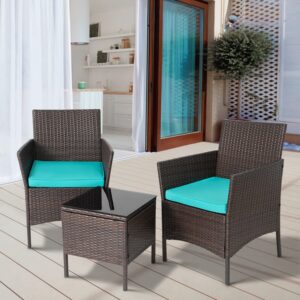 3-Piece Patio Bistro Set Wicker Conversation Set Outdoor Furniture Sets with 2 PE Rattan Wicker Chairs, 2 Cushions,1 Coffee Table for Yard Garden