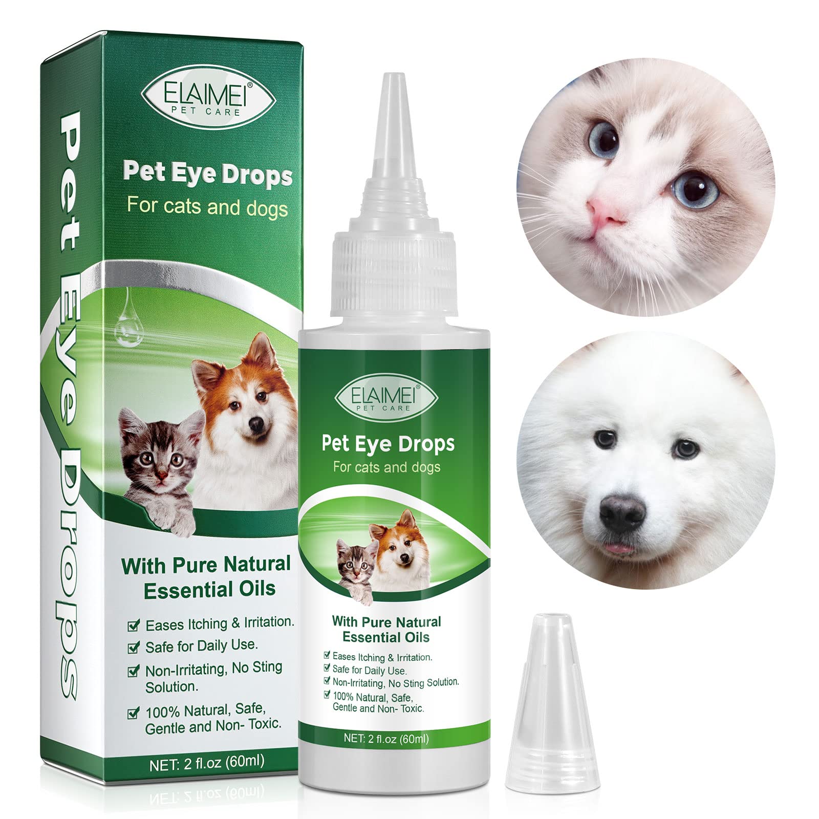 60ML Pet Eye Drops for Dog & Cat Relieve Eyes Itching & Irritation, Pink Eye & Allergies Symptoms Safe & Gentle Formula for All Animals