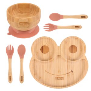 6pcs bamboo baby feeding set, baby suction bowl & plate with silicone spoons & forks, wooden feeding supplies for infant & toddlers, baby led weaning supplies non slip & bpa free (orange-frog)