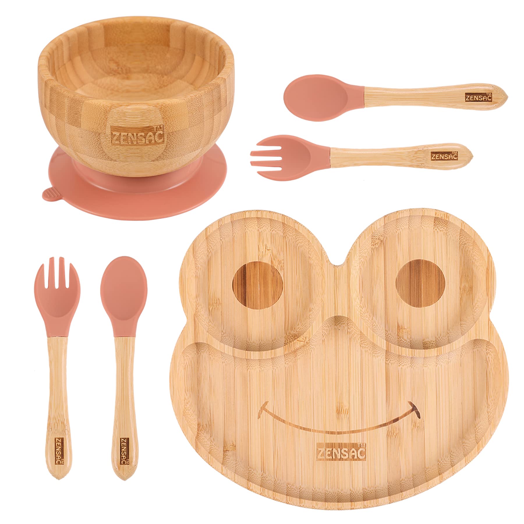 6PCS Bamboo Baby Feeding Set, Baby Suction Bowl & Plate with Silicone Spoons & Forks, Wooden Feeding Supplies for Infant & Toddlers, Baby Led Weaning Supplies Non Slip & BPA Free (Orange-Frog)