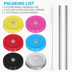 SusuBee 6 Pack Metal Drinking Lid with Straw Hole and Straws Compatible with Mason Jar Regular Mouth, 6 Colors, Dishwasher Safe