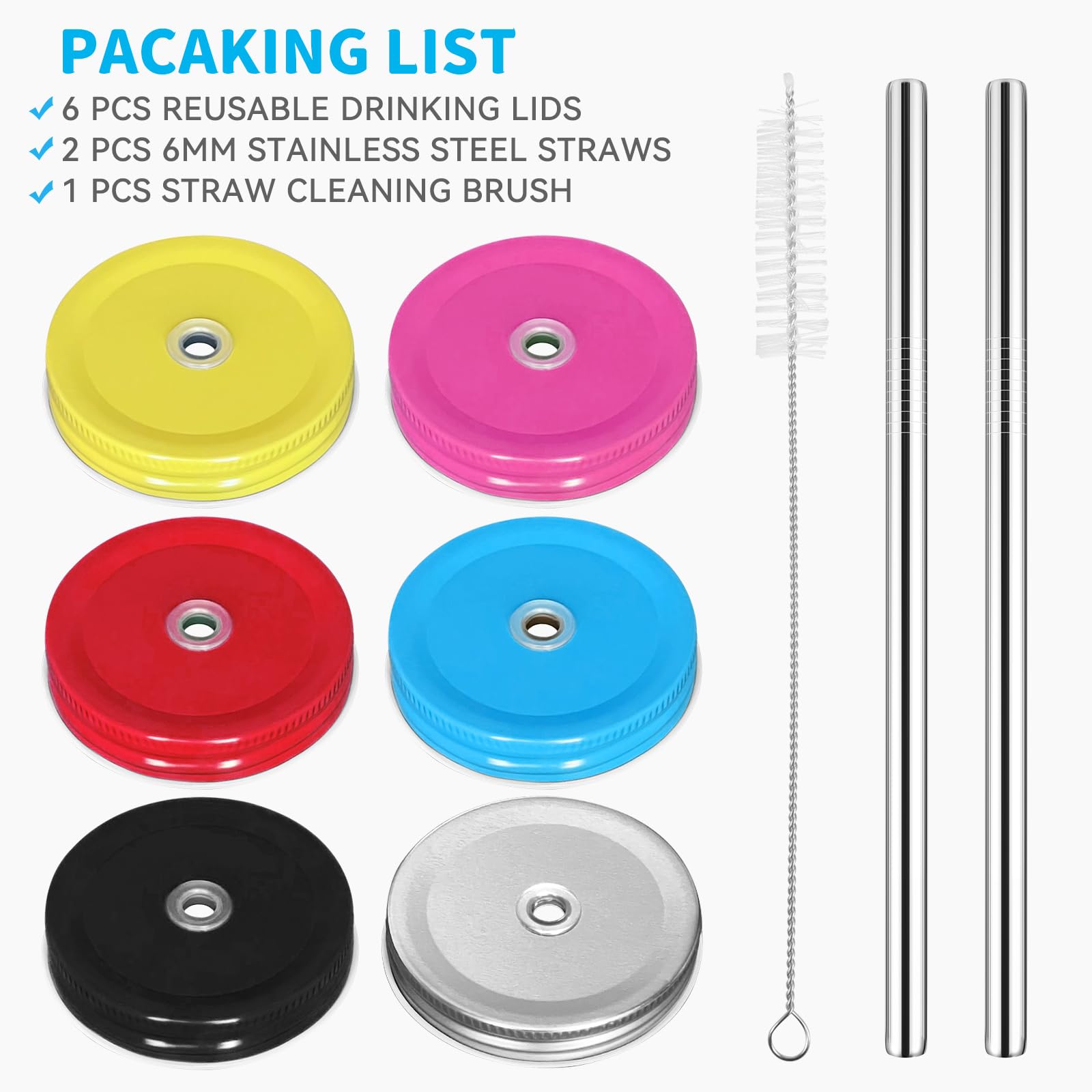 SusuBee 6 Pack Metal Drinking Lid with Straw Hole and Straws Compatible with Mason Jar Regular Mouth, 6 Colors, Dishwasher Safe