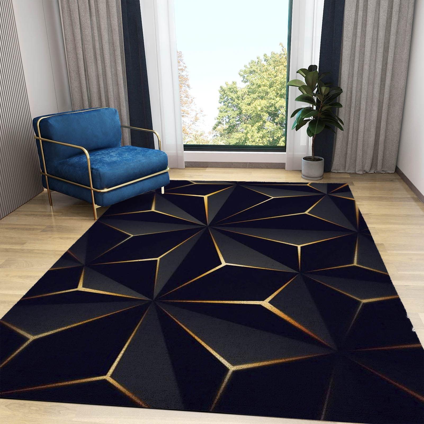 Golden Lines Abstract Geometric Area Rugs, Black Gold Abstract Art Soft Washable Carpet, Upholstery Rug with Non-Slip Backing for Kids Boys Girls Bedroom Living Room Dining Room Study 3ftx4ft