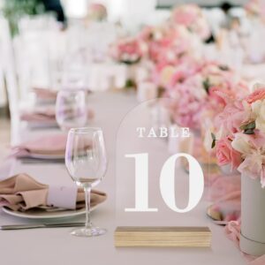 ORGANTEAM Clear Arch Wedding Table Numbers with Wooden Stands 1-15, 5x7" Acrylic Signs and Holders, Perfect for Centerpiece, Reception, Decoration, Party, Anniversary, Event (Clear, Number 1-15)