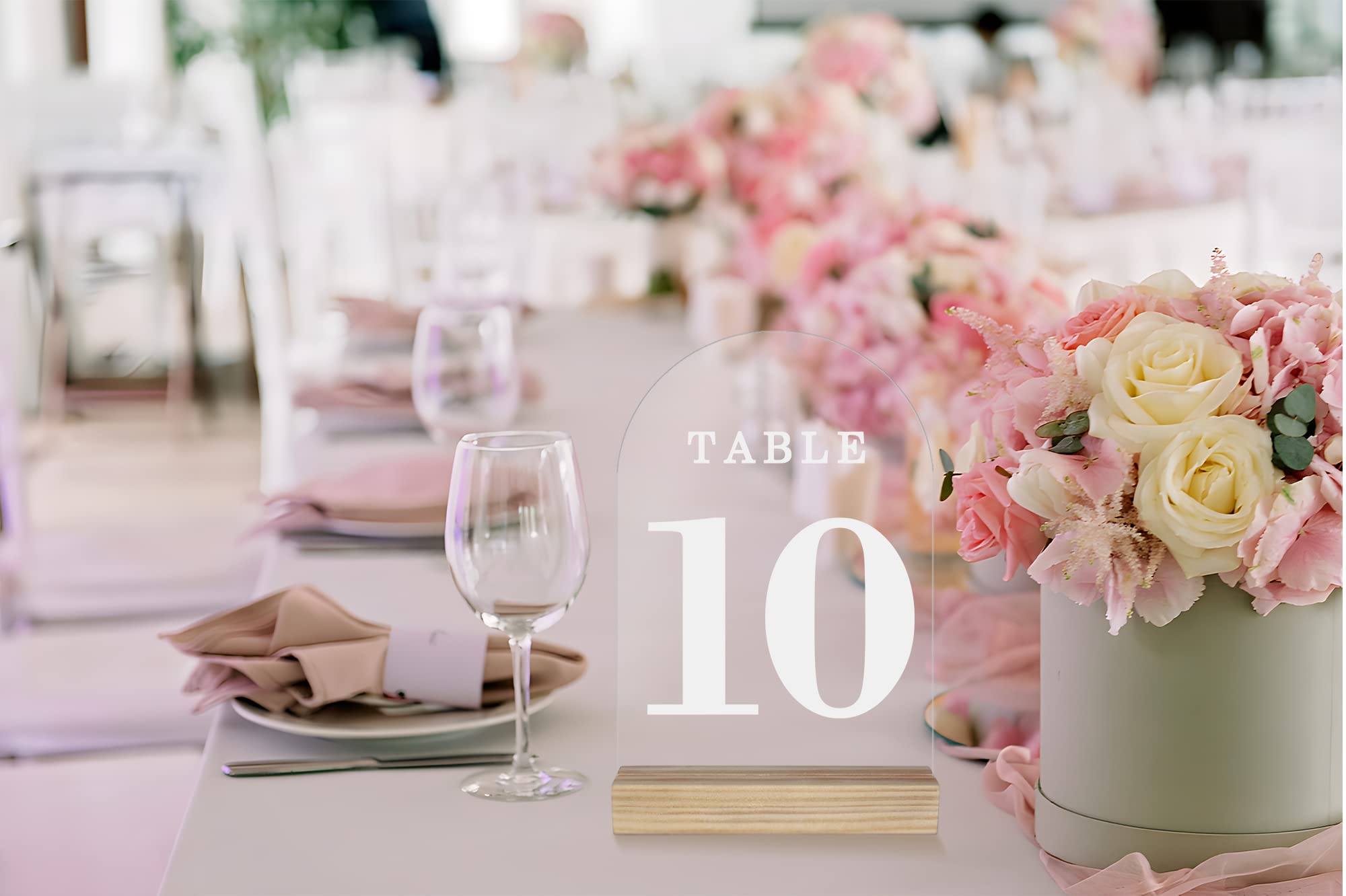 ORGANTEAM Clear Arch Wedding Table Numbers with Wooden Stands 1-15, 5x7" Acrylic Signs and Holders, Perfect for Centerpiece, Reception, Decoration, Party, Anniversary, Event (Clear, Number 1-15)