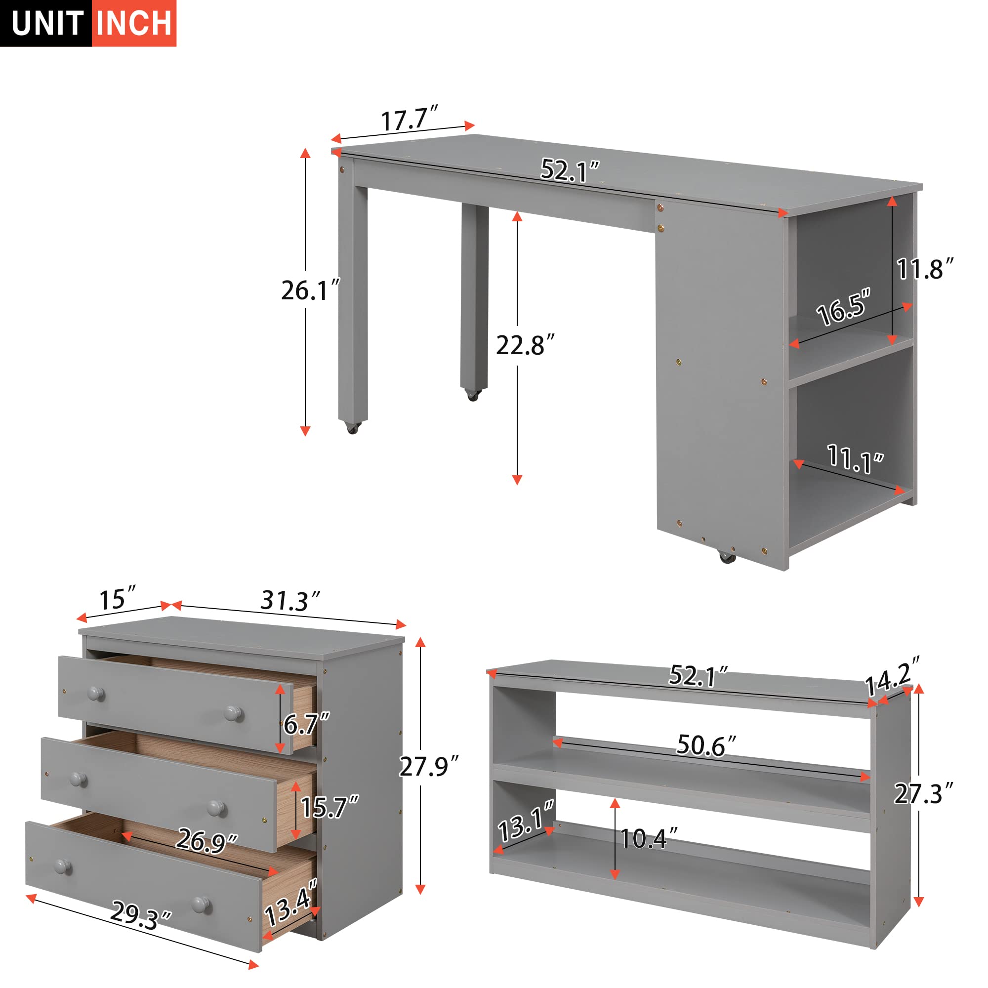 CITYLIGHT Low Full Loft Bed with Desk and Storage Cabinet, Wood Kids Full Size Loft Beds Frame with Storage Shelves & Rolling Portable Desk for Juniors, Teen, Boys & Girls (Full Size, Gray)