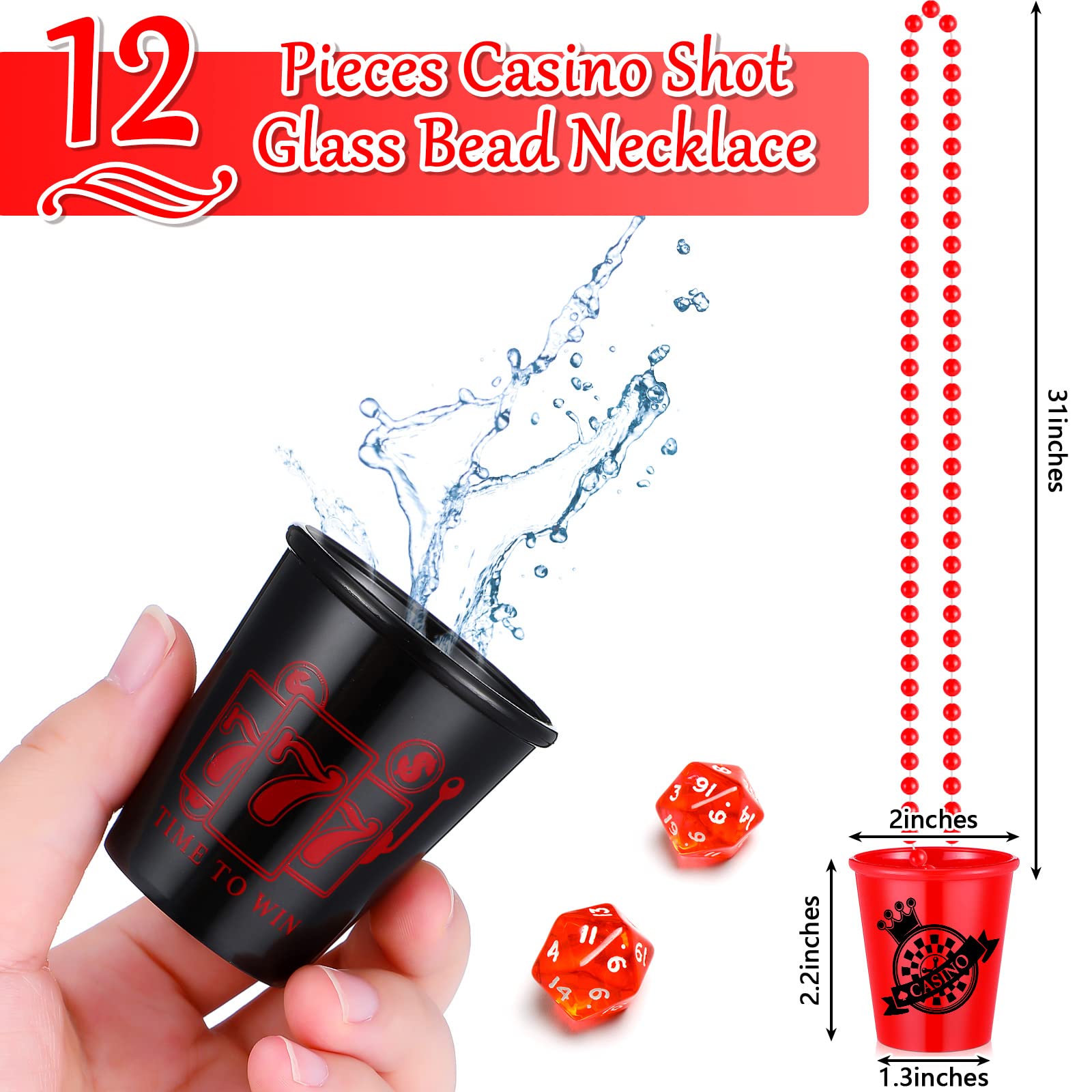 Kingdder 12 Pcs Casino Shot Glass Necklace on Beaded Plastic Shot Necklace Cup Shot Glasses Casino Themed Party Favors, Graduation Las Vegas Party Decoration, 4 Styles(Casino)