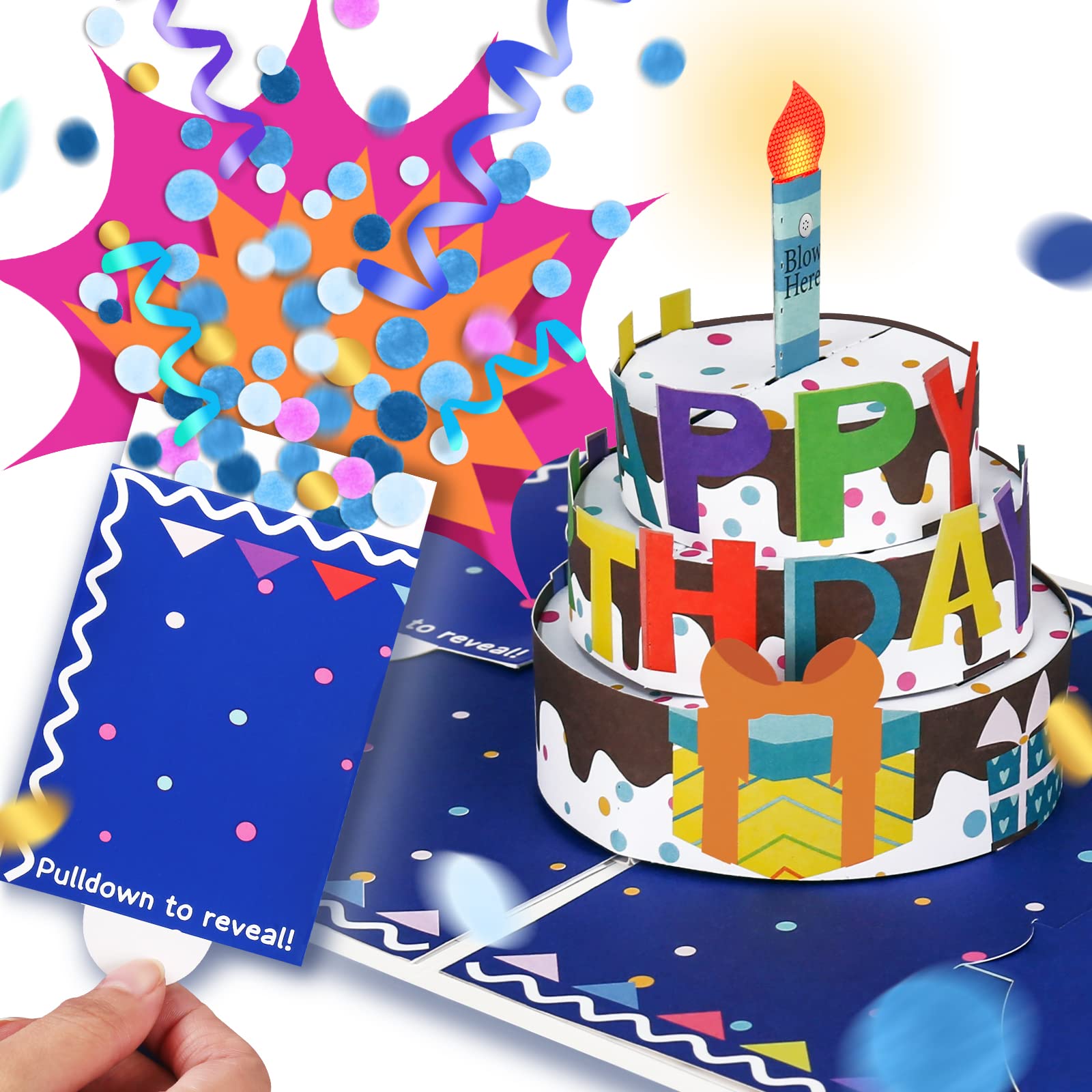 OSOMEPOP BOOM Birthday Card, Exploding Confetti Birthday Card, Musical Birthday Card, 3D Pop Up Card with Light, Blowable Candle, and Happy Birthday Song Handmade Greeting Card for Women or Men