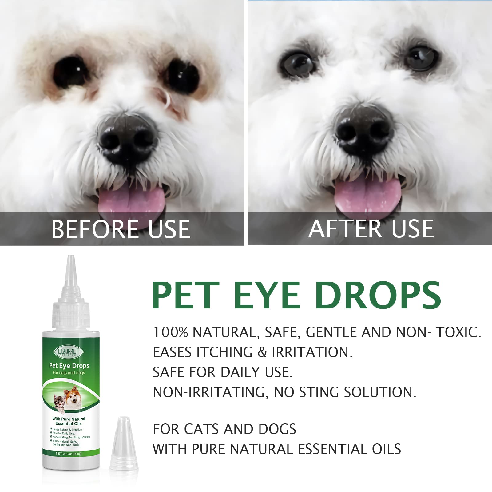 60ML Pet Eye Drops for Dog & Cat Relieve Eyes Itching & Irritation, Pink Eye & Allergies Symptoms Safe & Gentle Formula for All Animals