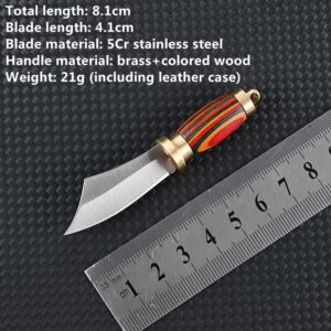 SZHOWORLD New Ultra Small Fixed Blade Knife, 1.6 inch 5Cr Stainless Steel Blade with Brass+Colored Wood Handle, Mini Knife with Leather Sheath and Brass Key Ring for EDC Gift Collection (Style 1)