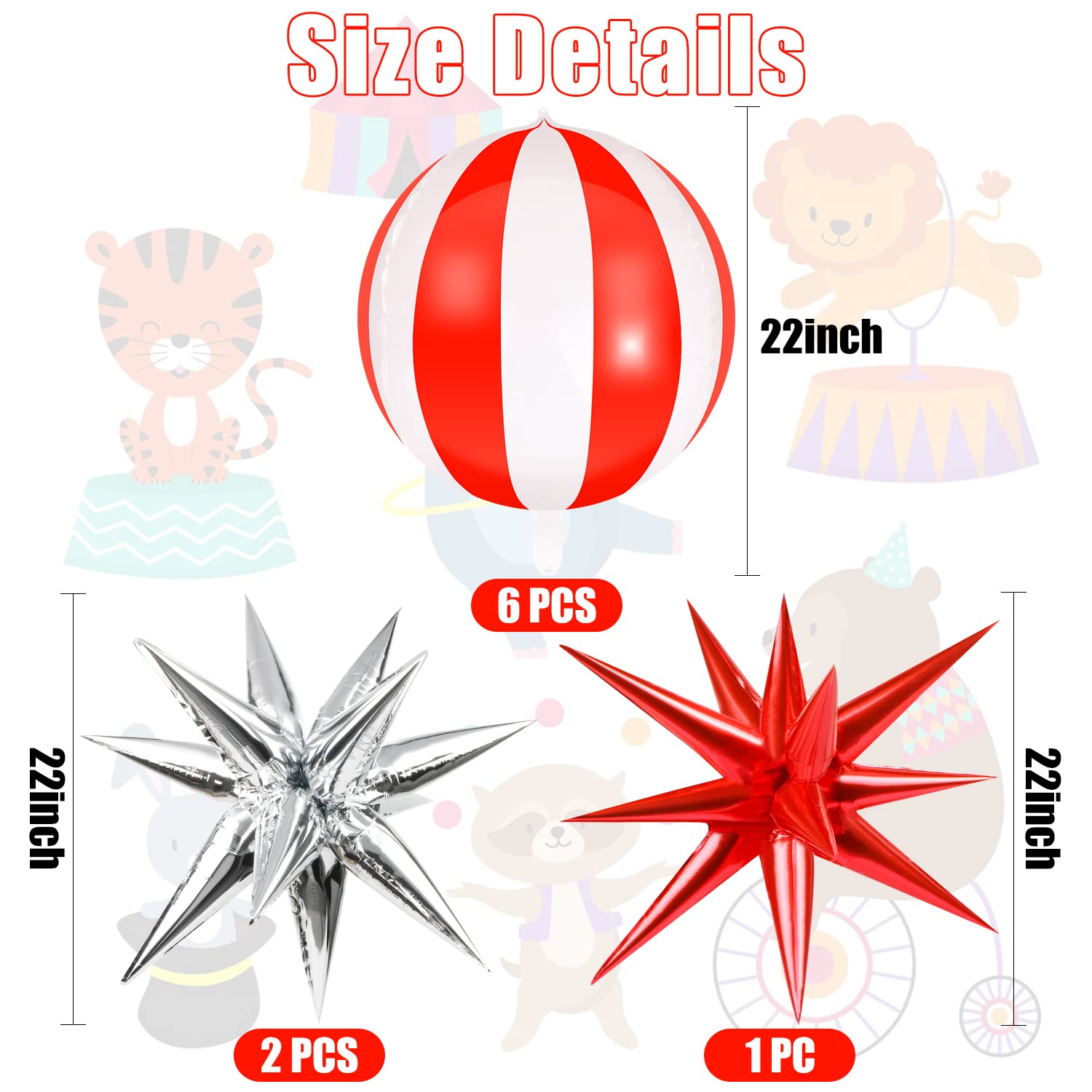 9 Pack Circus Balloons - LIYDE Circus Decorations Star Balloons Circus Theme Party Decorations Carnival Decorations 22 Inch 360 Degree 4D Carnival Balloons (White and Red)