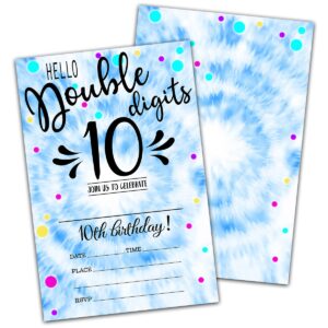 nyctug double digits 10th fill-in birthday invitation(4" x 6"), tie dye birthday double-sided party invites- 20 invitations with envelopes-party supplies-a15