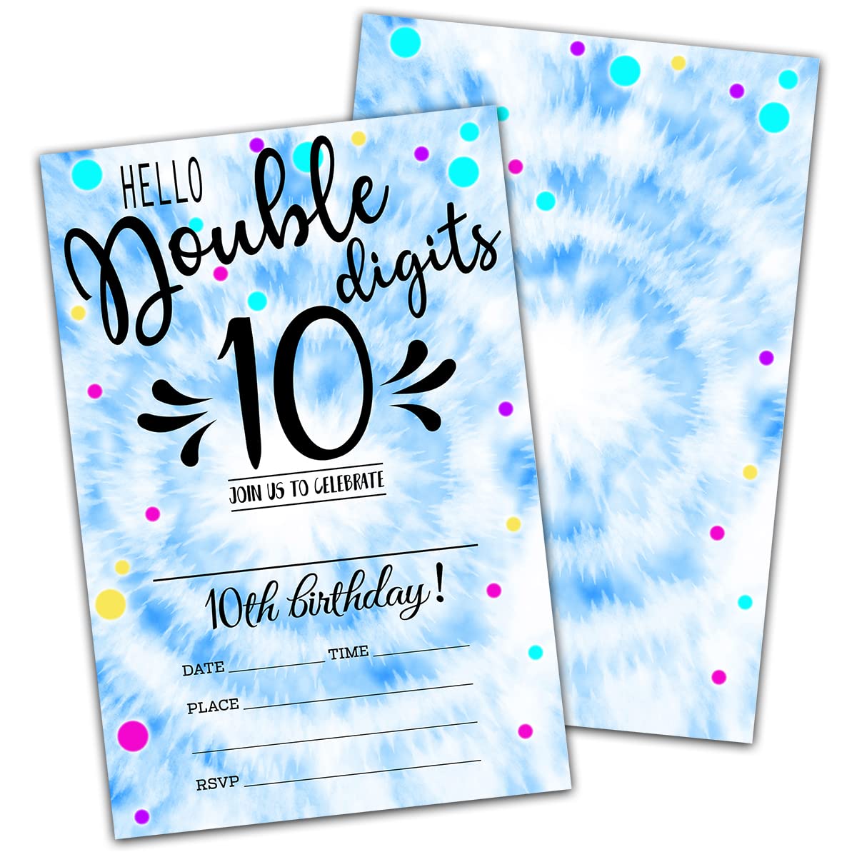 NYCTUG Double Digits 10Th Fill-In Birthday Invitation(4" X 6"), Tie Dye Birthday Double-Sided Party Invites- 20 Invitations With Envelopes-Party Supplies-A15