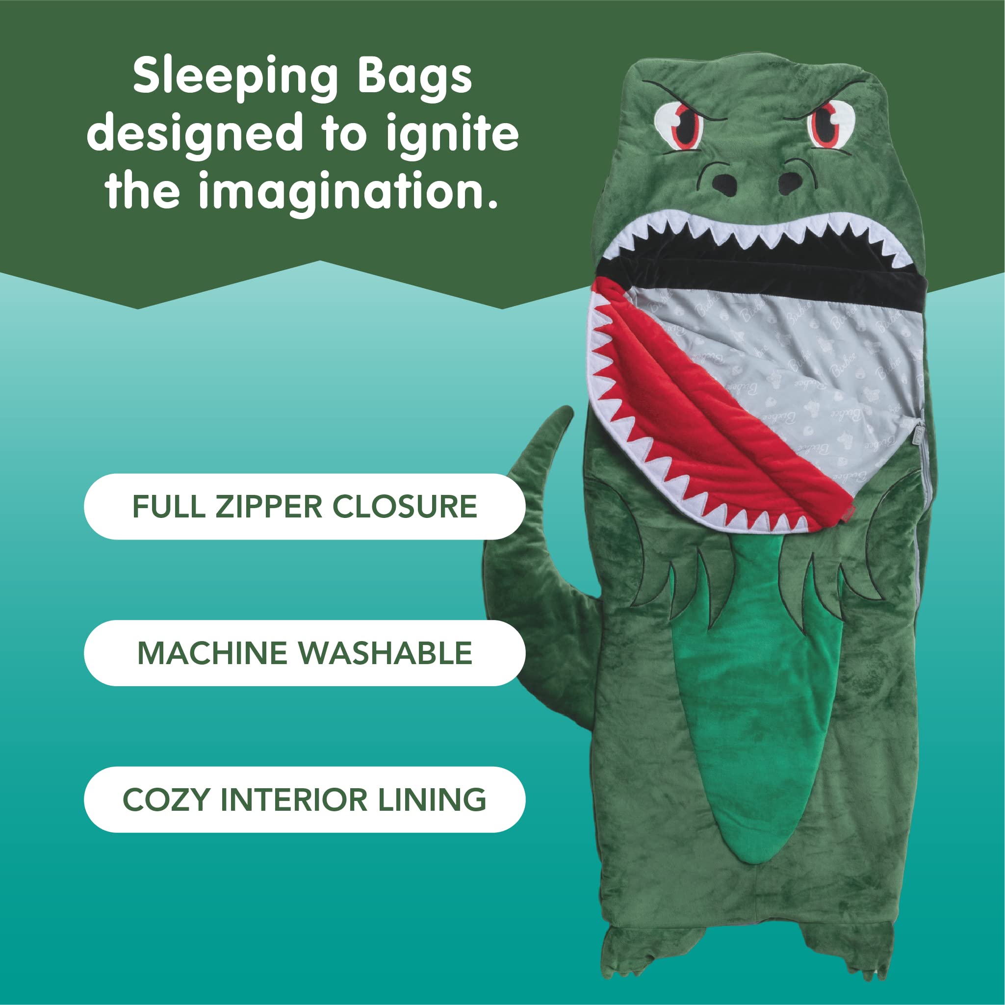 Bixbee Kids Sleeping Bag, Dinosaur Sleeping Bag for Kids 3+, 60 x 22 Inches, Soft Toddler Sleeping Bag with Carrying Handle | Machine Washable Soft Slumber Bag for Naptime, Daycare