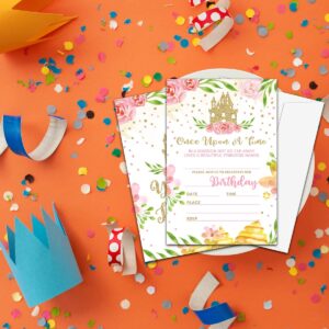 NYCTUG Floral Castle Theme Birthday Invitation(4" X 6"), Fairy Tale Little Princess Party Double-Sided Invites- 20 Invitations With Envelopes-Personalized Party Supplies-A25