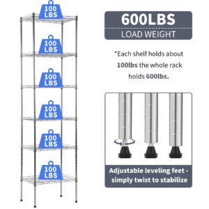 YYkokocat 6-Shelf Adjustable Storage Shelves 600Lb Capacity Metal Wire Shelving Unit Storage Rack for Kitchen Bathroom Corner Shelf Organizer for Small Space, 16.7D x 11.8W x 63H, Chrome