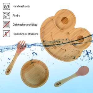 6PCS Bamboo Baby Feeding Set, Baby Suction Bowl & Plate with Silicone Spoons & Forks, Wooden Feeding Supplies for Infant & Toddlers, Baby Led Weaning Supplies Non Slip & BPA Free (Orange-Frog)