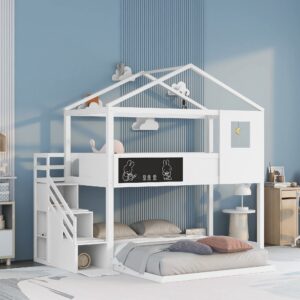 bellemave house bunk beds with stairs twin over full low bunk bed with blackboard wood playhouse floor bunk bed for kids girls boys teens, white