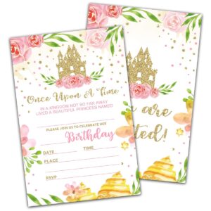 nyctug floral castle theme birthday invitation(4" x 6"), fairy tale little princess party double-sided invites- 20 invitations with envelopes-personalized party supplies-a25