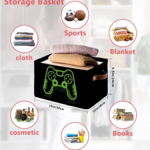 Gaming Cube Storage Organizer Bins with Handles,2-PC 15x11x9.5 Inch Collapsible Canvas Cloth Fabric Storage Basket,Green Kids Game Video Games Gamepad Controller Black Bin Boxes for Shelves