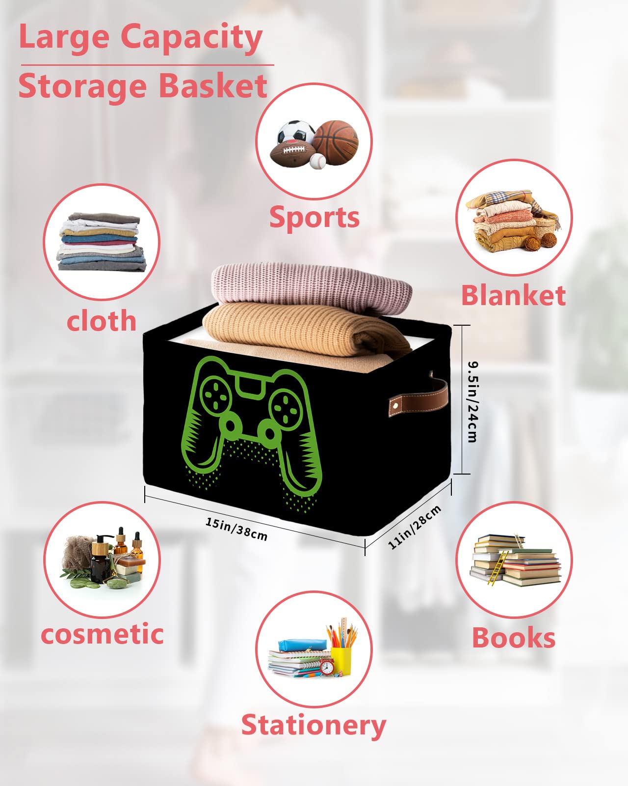 Gaming Cube Storage Organizer Bins with Handles,2-PC 15x11x9.5 Inch Collapsible Canvas Cloth Fabric Storage Basket,Green Kids Game Video Games Gamepad Controller Black Bin Boxes for Shelves