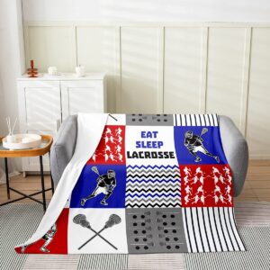 Lacrosse Blanket for Teens Youth,Red Blue Grey Eat Sleep Lacrosse Throw Blanket Throw 50x60,Lacrosse Player Fleece Blanket,Sports Game Geometric Buffalo Plaid Plush Bed Blanket Lightweight