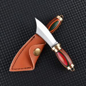 SZHOWORLD New Ultra Small Fixed Blade Knife, 1.6 inch 5Cr Stainless Steel Blade with Brass+Colored Wood Handle, Mini Knife with Leather Sheath and Brass Key Ring for EDC Gift Collection (Style 1)