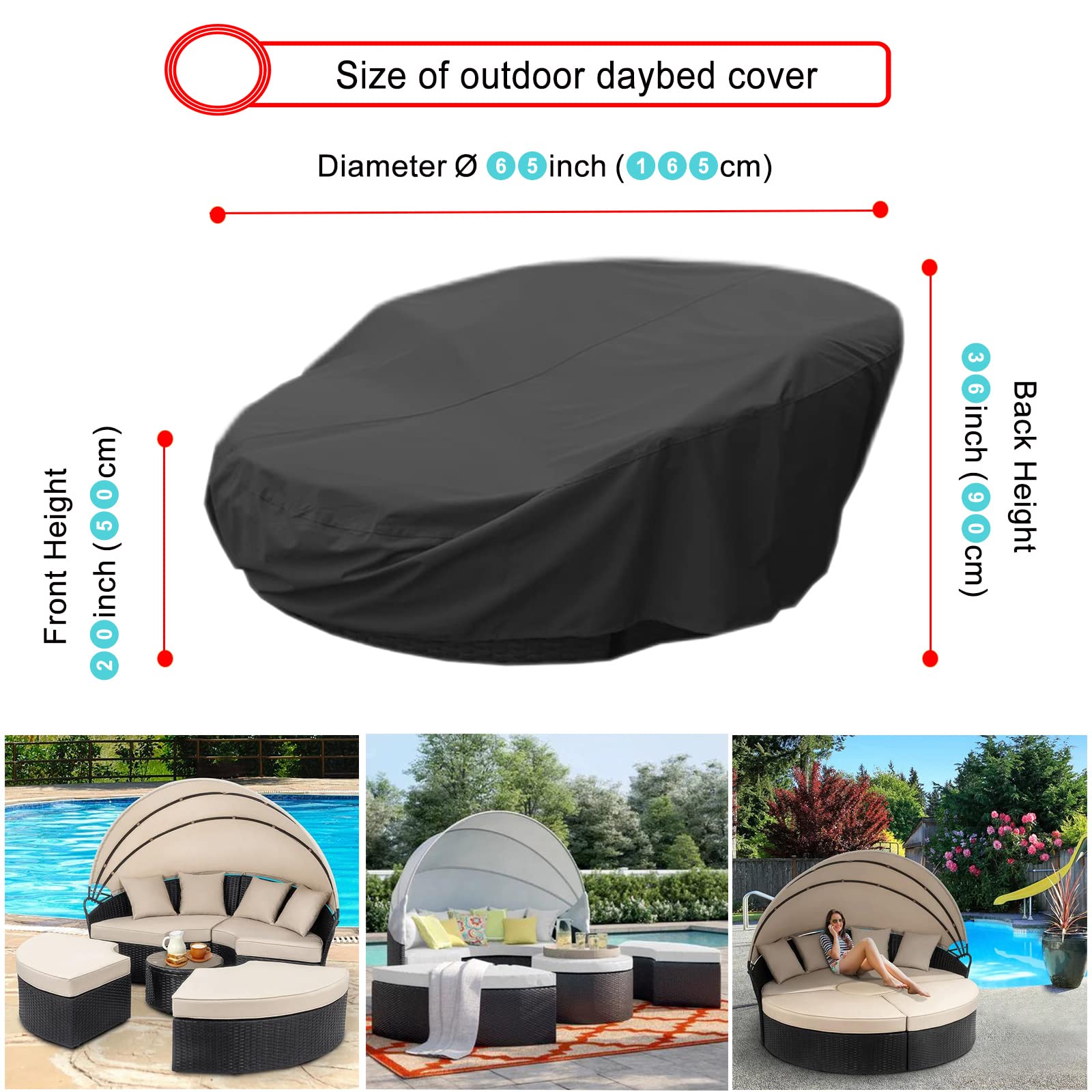 66inch Outdoor Daybed Cover Waterproof, 420D Round Patio Daybed Cover, Outdoor Furniture Daybed Cover with Adjustable Strap, Heavy Oxford Cloth-Black (Ø66inch)