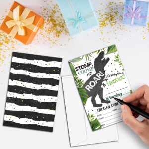 NYCTUG Stomp Chomp Roar Dinosaur Fill-In Birthday Invitation(4" X 6"), T-Rex Double-Sided Party Invites-20 Invitations With Envelopes-Party Supplies-A03