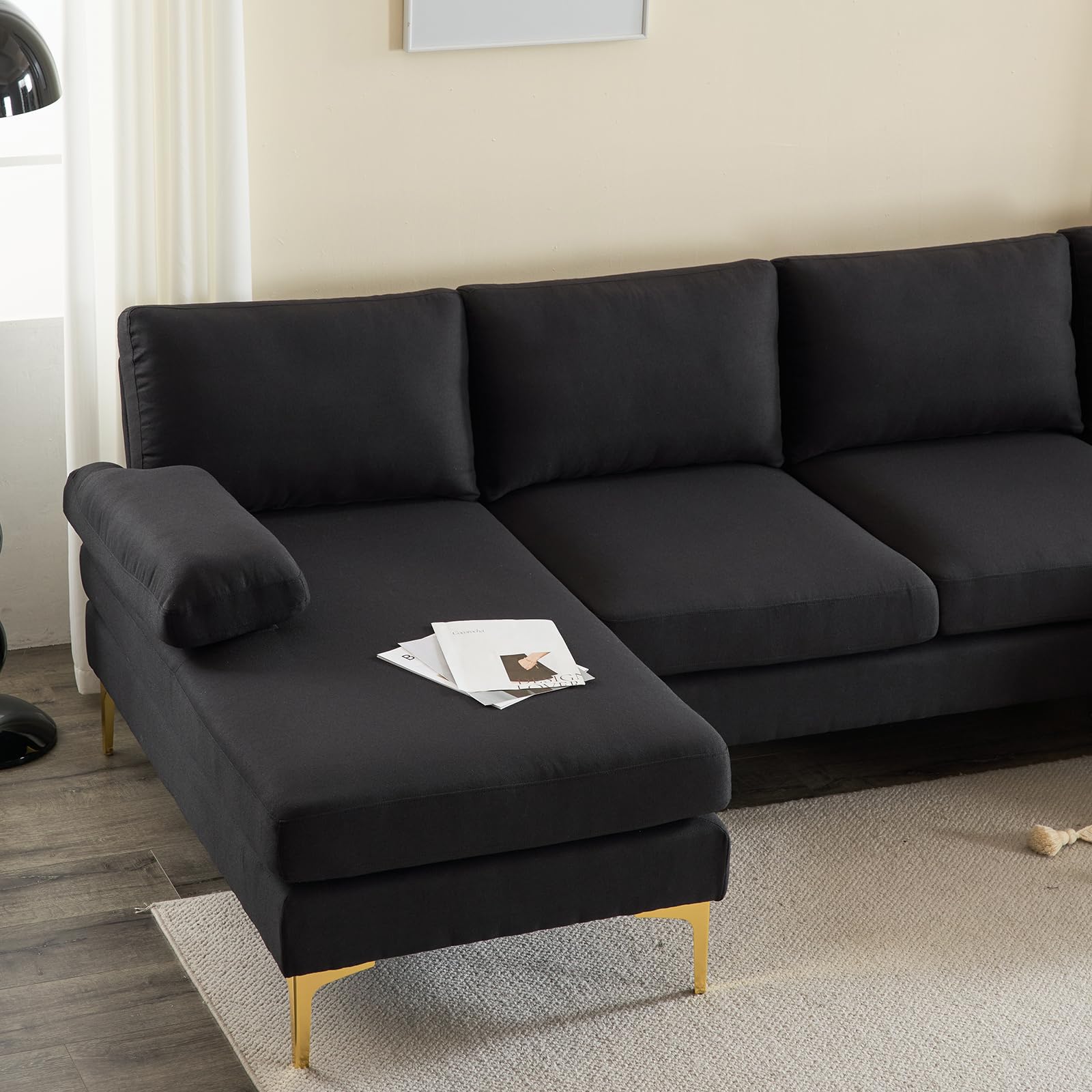 Karl home Convertible Sectional Sofa 110" U-Shape Sofa Couch 4-Seat Couch with Chaise Fabric Upholstered for Living Room, Apartment, Office, Black