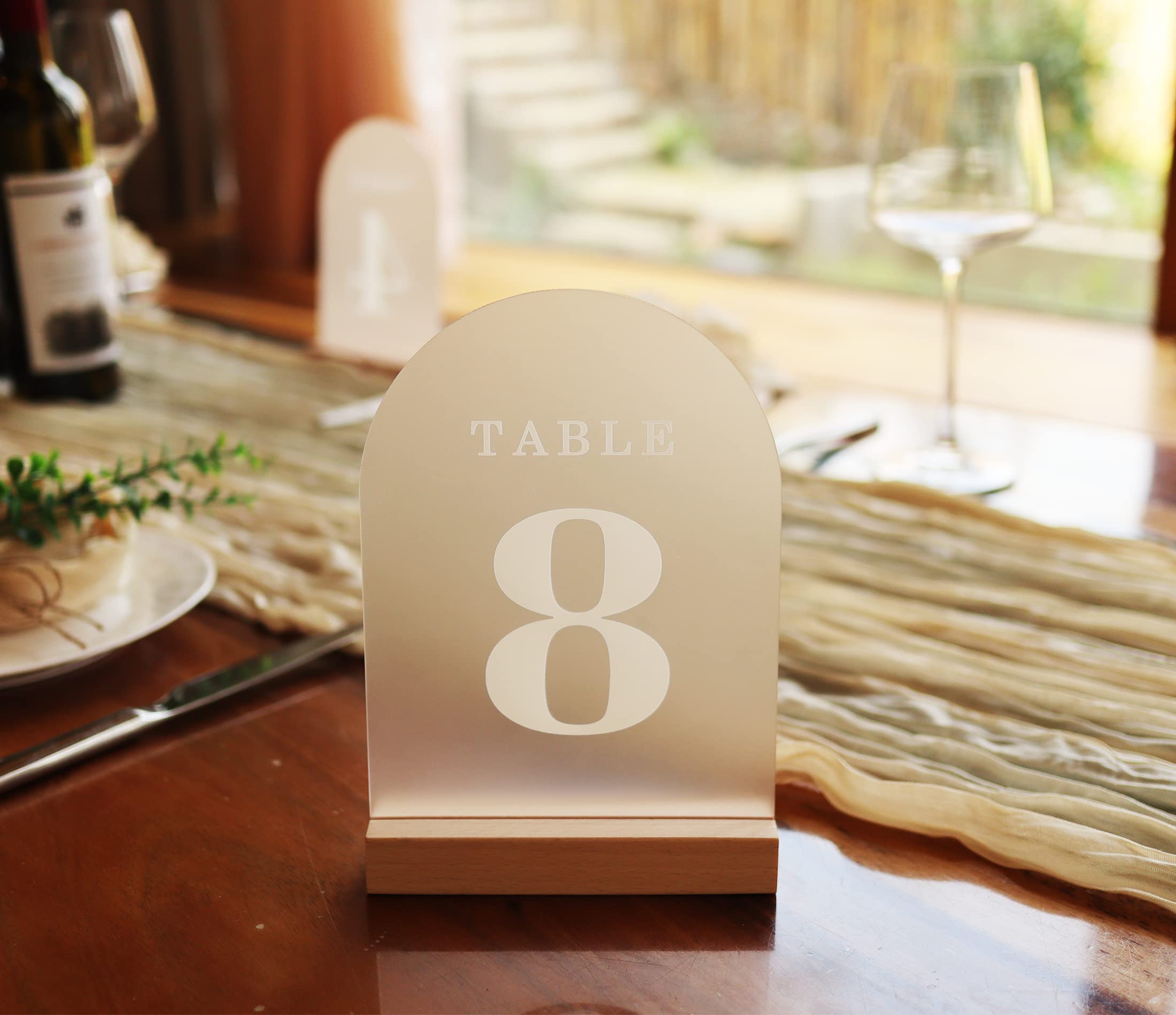 Frosted Arch Wedding Table Numbers with Wooden Stands Holders, 5x7" Acrylic Signs and Holders, Perfect for Centerpiece, Reception, Decoration, Party, Anniversary, Event (Frosted White Font, Number 1-20)