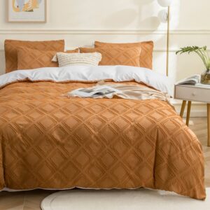 jellymoni reversible rust & white duvet cover king size - 3pcs microfiber tufted duvet cover, boho textured duvet cover jacquard geometric pattern duvet cover with corner ties & zipper closure