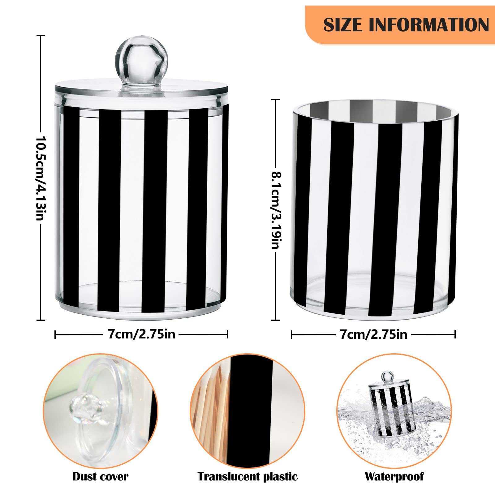 2 Pack Qtip Dispenser Apothecary Jars Bathroom Organizer, White and Black Striped Qtip Holder Storage Canister Plastic Acrylic Jar for Cotton Ball/Swab/Rounds