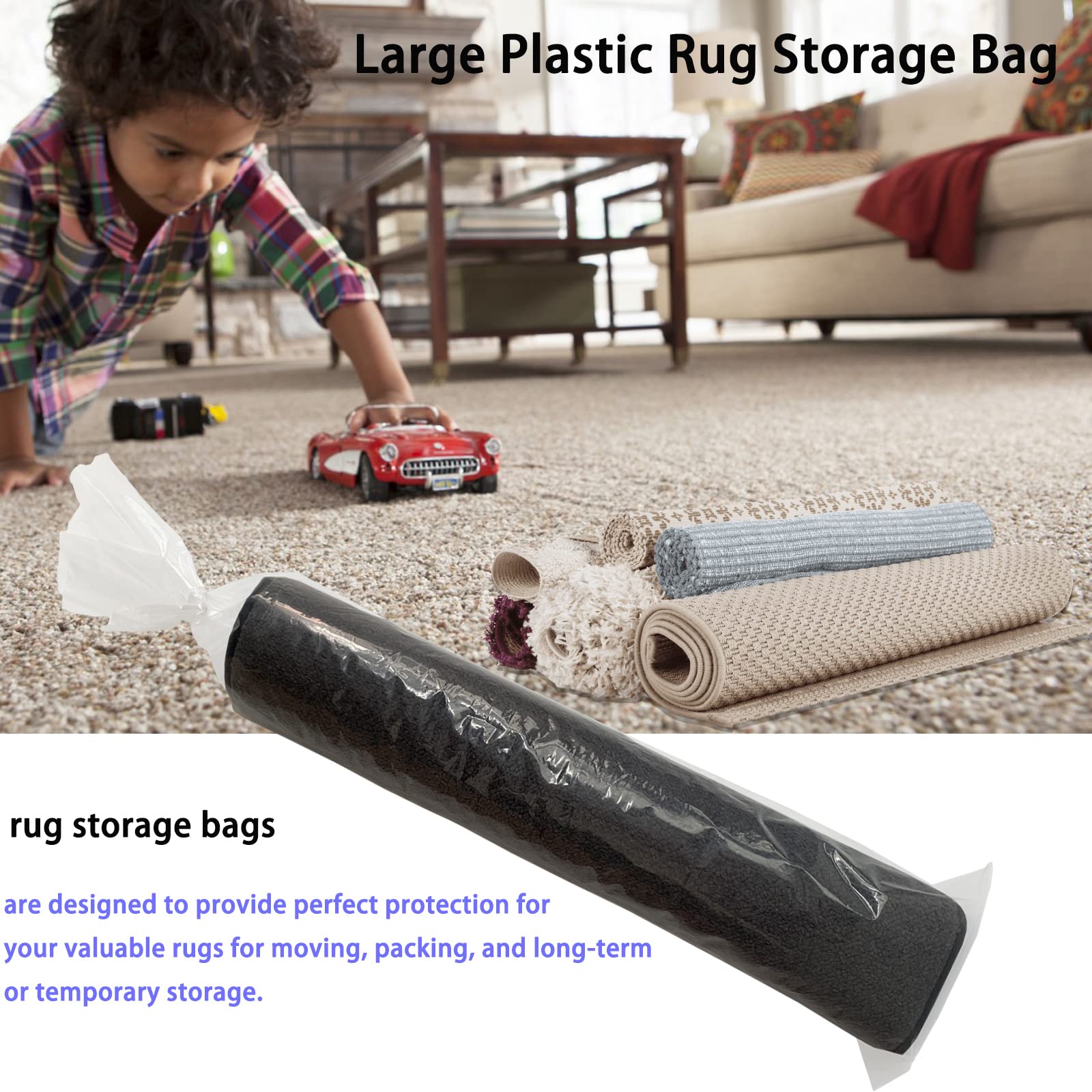 4 Pcs Rug Storage Bag with 10 Ties-Fits Rug up to 10'x14',4.5 Mil Heavy Duty Clear Plastic Rolled Rug Storage Bag for Indoor Outdoor Carpet Shipping,Packing,Moving and Storage - No Vent Holes