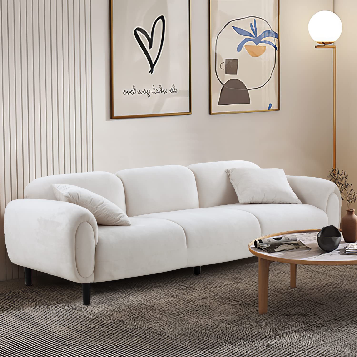 kevinplus 84'' Beige Velvet Sofa Couch for Living Room, Modern Mid-Century Cute 3 Seater Sofa with 2 Pillows, Small Sofa Couch for Bedroom Apartment Small Space, Solid Wooden Legs, Beige