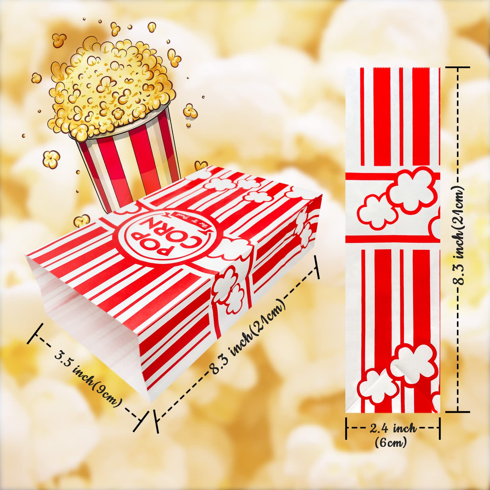 Keriqi Flat Bottom Popcorn Bags, 300 Pcs Paper Popcorn Bags for Family Movie Night Baseball Themed Carnival Christmas Birthday Party