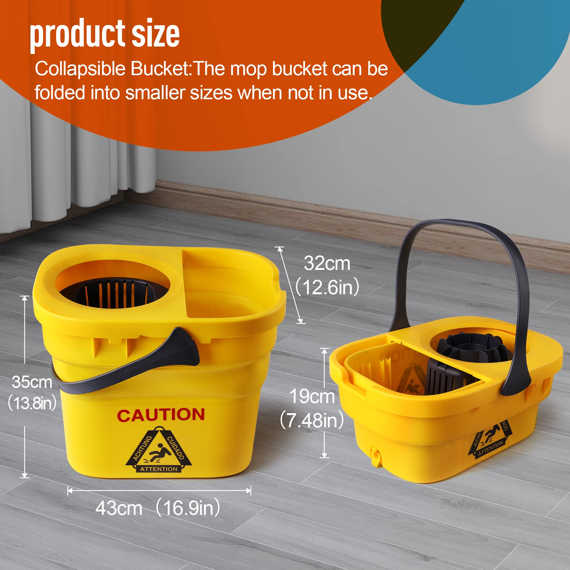 CLEANHOME Collapsible Mop Bucket on Wheels for Industrial Mop Cleaning, Side Press Wringer Combo Commercial Cleaning Caddy Plastic, Suitable for Wet mop,Sponge Mop,Grey