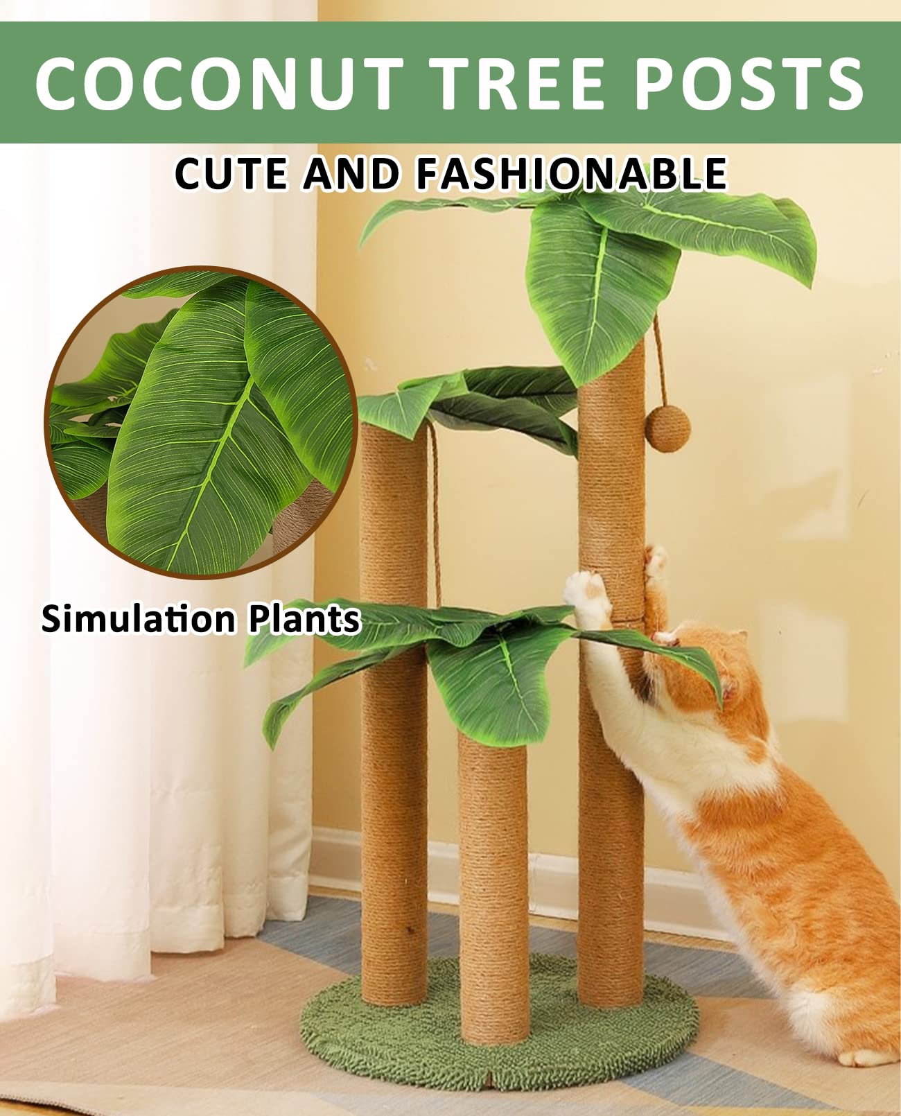 BNOSDM 35" Tall Cat Scratching Posts for Adult Cats Coconut Tree 3 Sisal Rope Claw Scratcher Dangling Ball Kitten Scratch Post Kitty Activity Center for Indoor Outdoor Cats Kittens